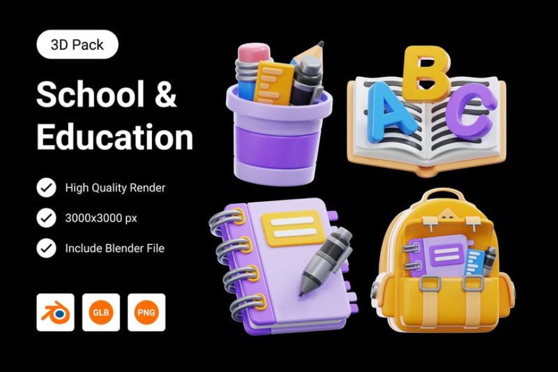 学校与教育插图3D模型 (Blend,GLB,PNG) school-education-3d-illustration
