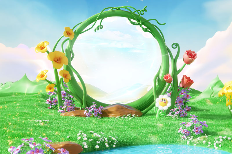 C4D春天花草植物绿色场景渲染工程卡通场景C4D模型