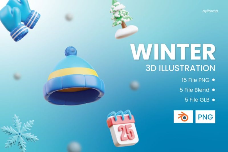 冬天插图3D模型素材 (Blend,GLB,PNG) winter-3d-illustration