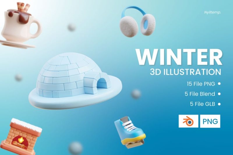 冬天主题插图3D模型素材 (Blend,GLB,PNG) winter-3d-illustration