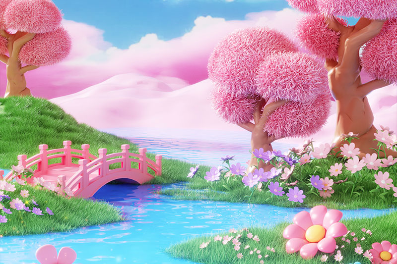 C4D户外卡通花朵植物草地场景渲染工程卡通场景C4D模型