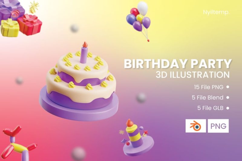 卡通生日聚会插图3D模型素材 (Blend,GLB,PNG) birthday-party-3d-illustration