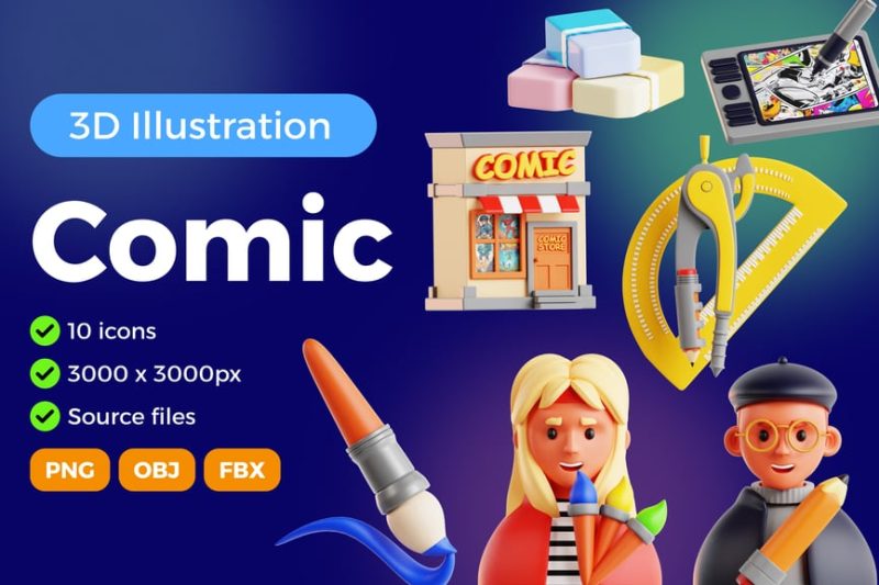漫画3D图标模型素材合集 (FBX,OBJ,PNG)comic-3d-icon-set