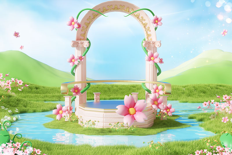 C4D樱花季户外草地电商展台场景渲染工程电商场景C4D模型