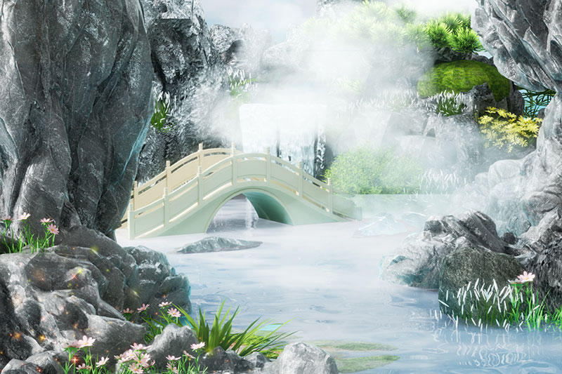 C4D户外岩石景观小桥建筑场景渲染工程C4D模型