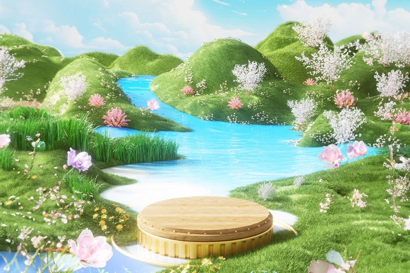 C4D户外植物草地电商展台场景渲染工程电商展台C4D模型