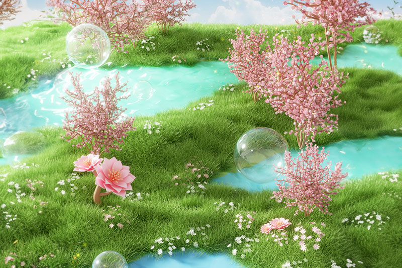 C4D樱花植物户外草地场景渲染工程C4D模型