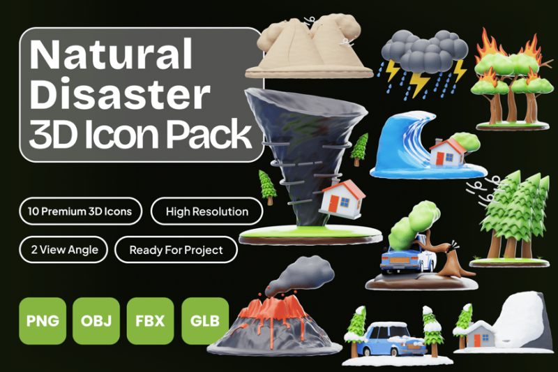 卡通自然灾害3D图标模型素材 (FBX,OBJ,PNG) natural-disaster-3d-icon
