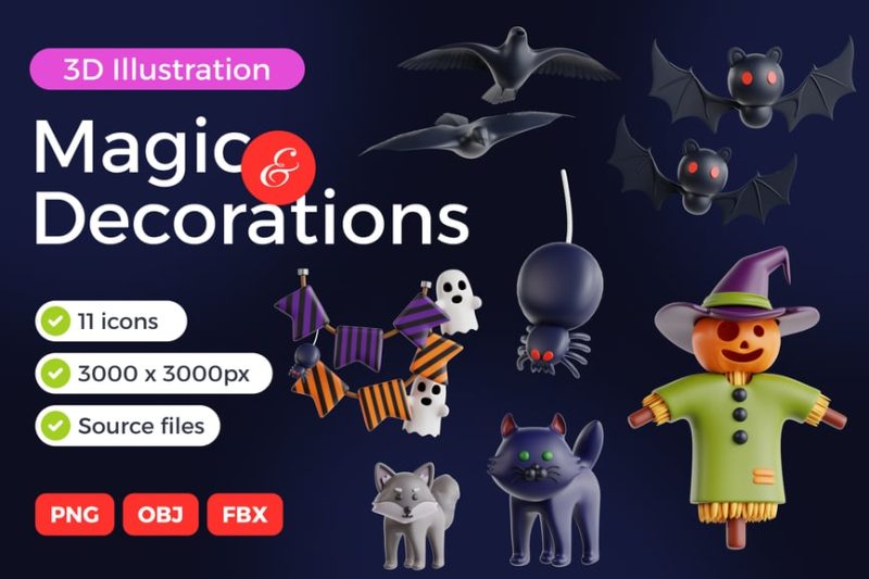 魔法与万圣节装饰品图标3D模型素材集 (FBX,OBJ,PNG) magic-halloween-decorations-3d-icon-set