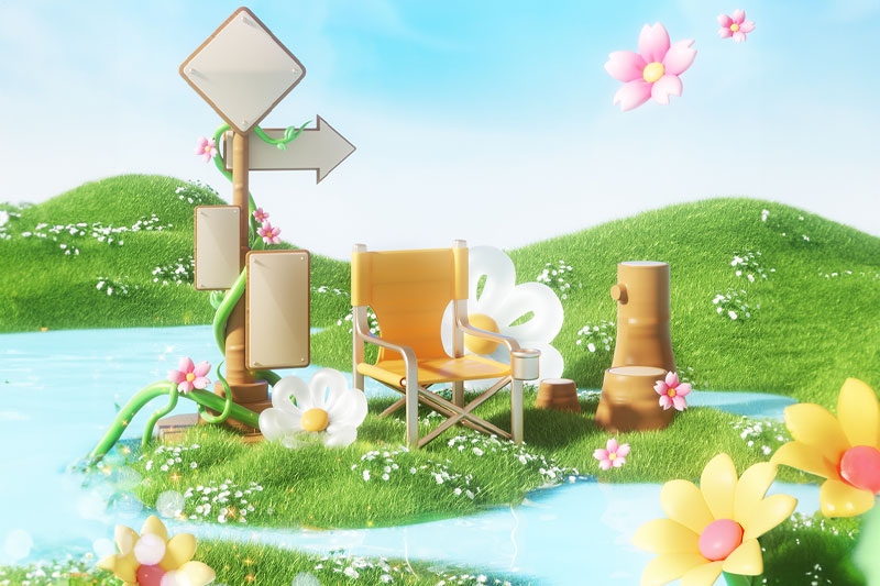 C4D小清新旅游旅行草地场景渲染工程C4D模型