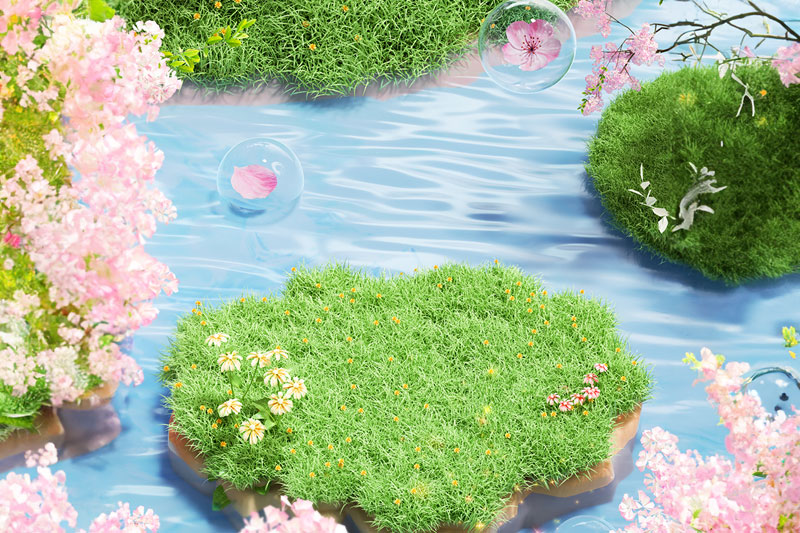 C4D樱花季清新植物场景渲染工程C4D模型