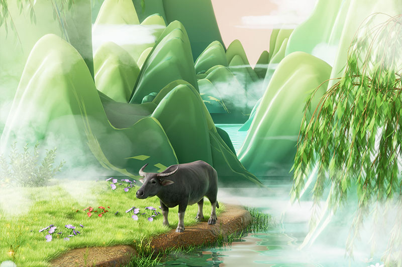 C4D踏春山水场景渲染工程户外场景模型C4D模型