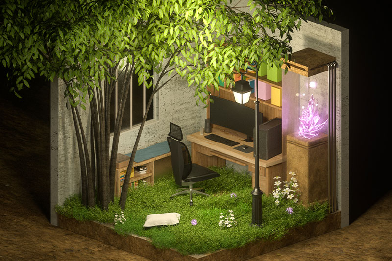 C4D夜晚梦中小屋场景渲染工程小屋模型C4D模型