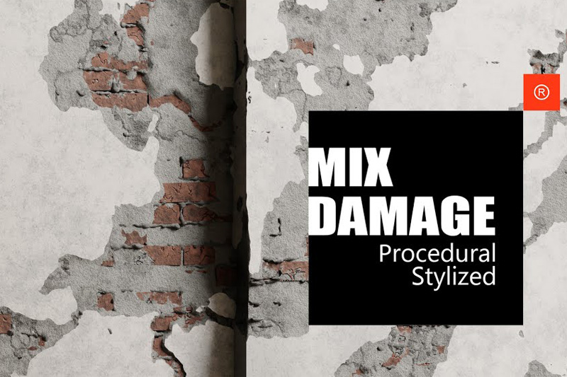 Blender24种程序化砖墙钢筋木材破损材质插件 Mix Damage V1.0