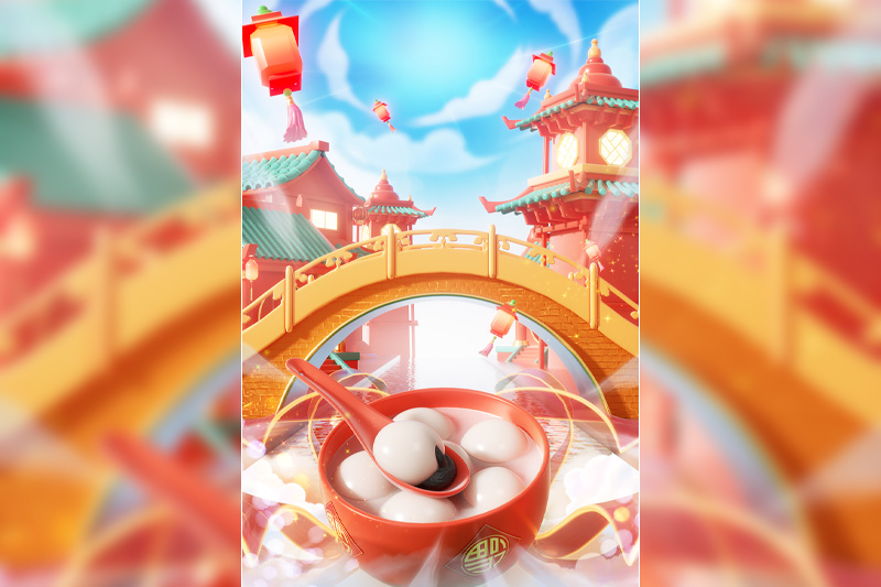 C4D春节元宵节中国风建筑拱桥水面汤圆场景渲染工程C4D模型