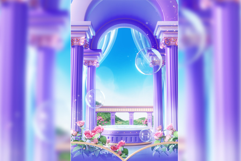 C4D欧式建筑紫色系电商展台鲜花场景渲染工程C4D模型