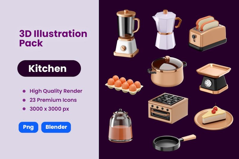 厨房烹饪插图图标3D模型素材 (Blend,PNG) kitchen-cooking-3d-illustration-icons