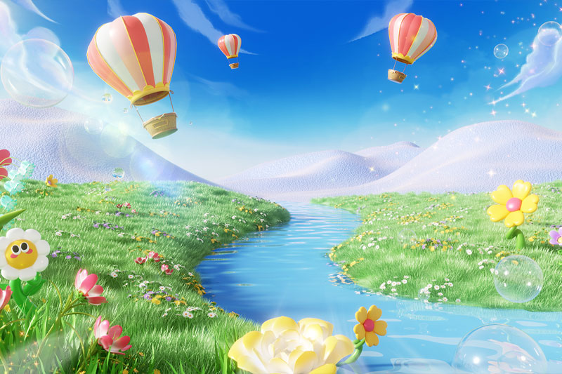 C4D户外草地植物热气球场景渲染工程C4D模型