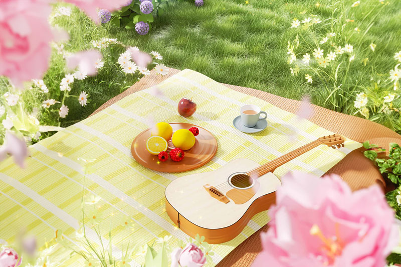 C4D樱花季露营春游赏樱场景渲染工程C4D模型