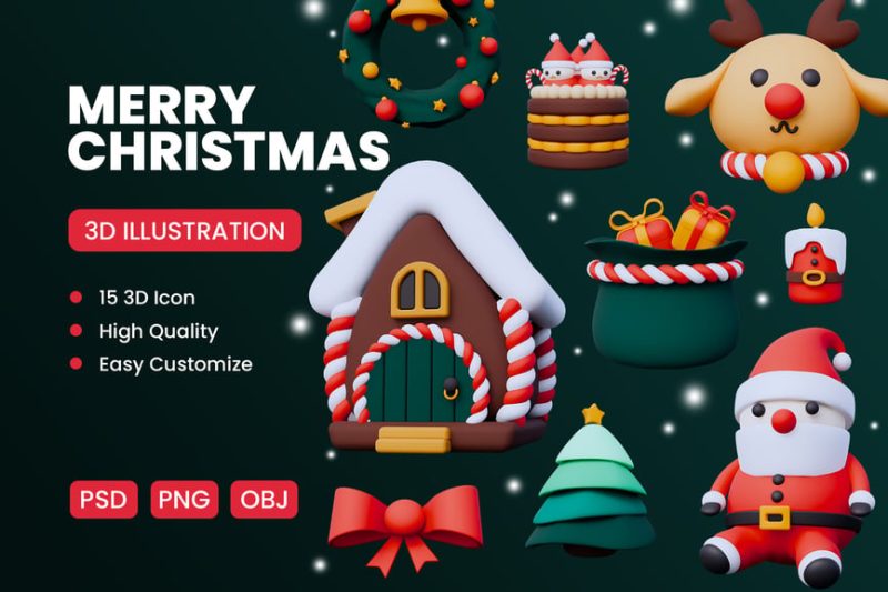 圣诞快乐元素3D图标模型素材（OBJ,PNG,PSD）merry-christmas-3d-icon