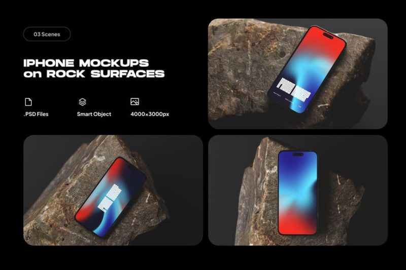 岩石表面上的 iPhone 16 样机素材 (PSD) iphone-mockups-on-rock-surfaces