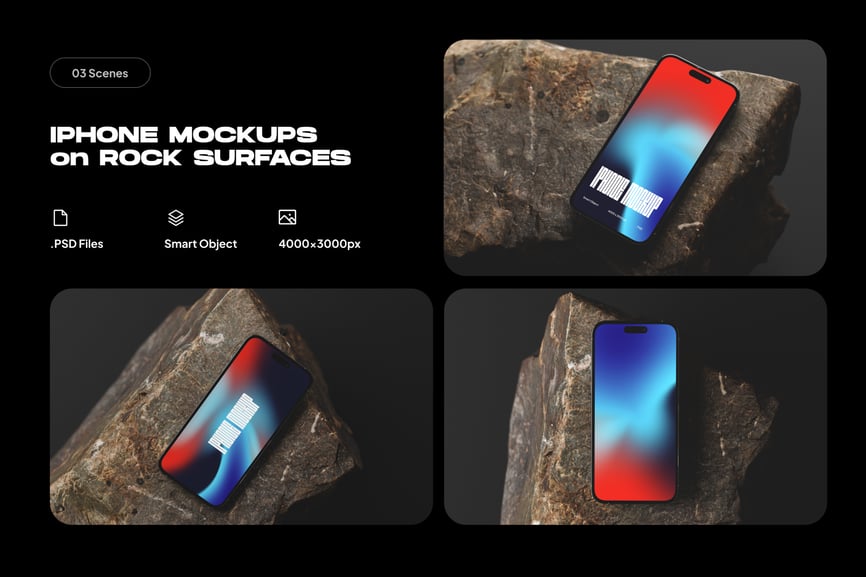 岩石表面上的 iPhone 16 样机素材 (PSD)