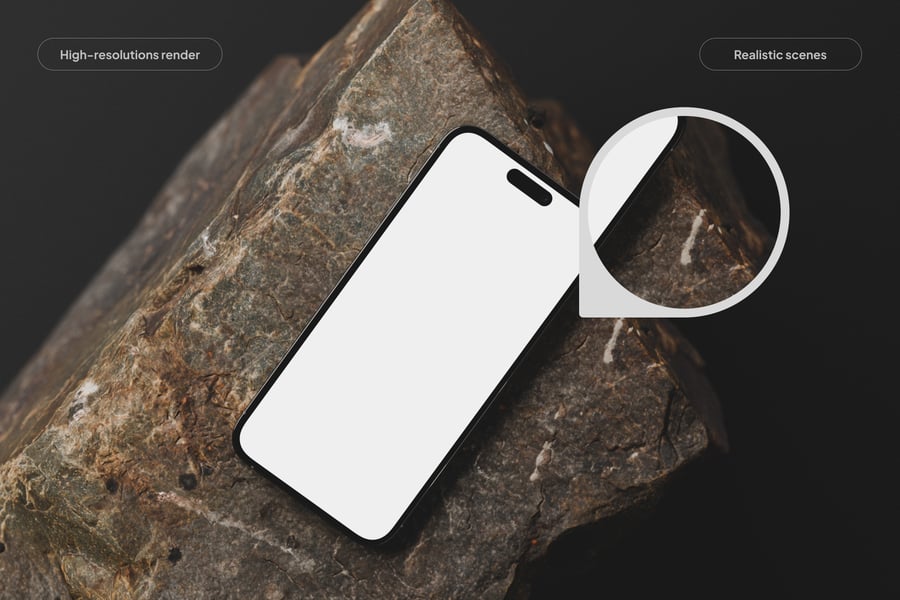 岩石表面上的 iPhone 16 样机素材 (PSD)