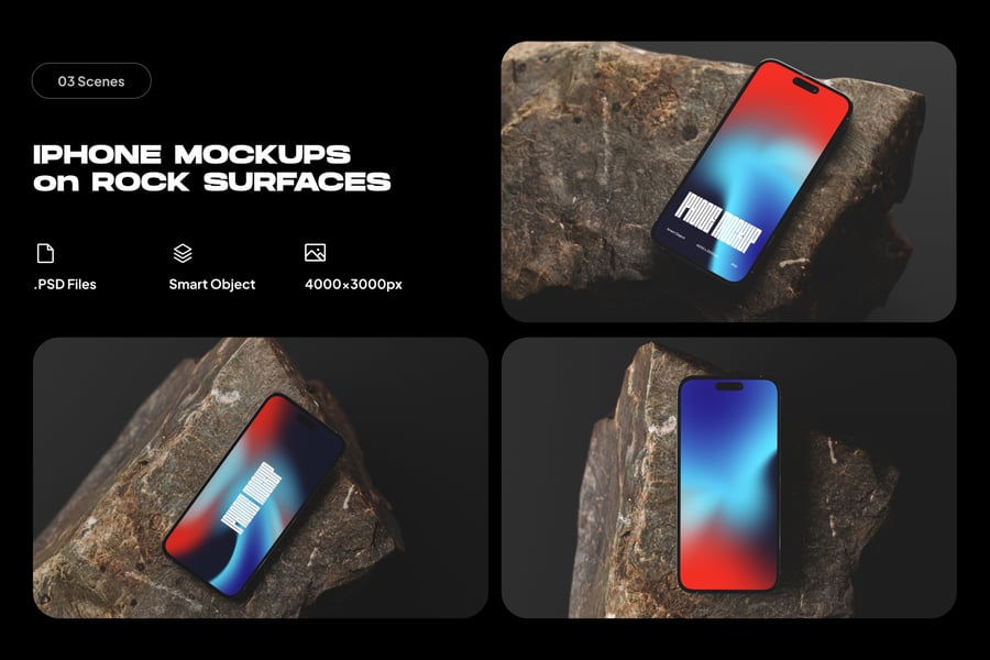 岩石表面上的 iPhone 16 样机素材 (PSD)