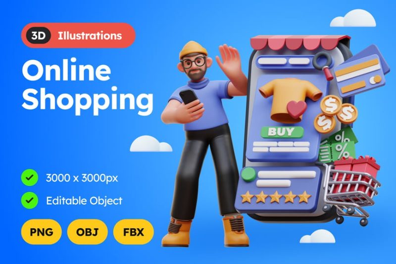 网上购物插图3D模型素材 (C4D,Blender,OBJ,FBX) online-shopping-3d-illustration