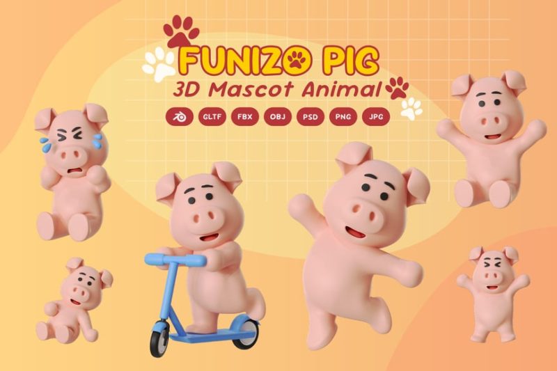 猪吉祥物动物卡通3D模型素材 (Blender,FBX,OBJ,GLTF,PSD,PNG) pig-mascot-animal