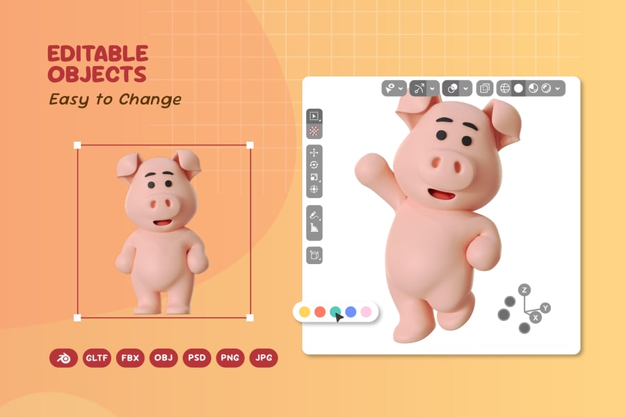 猪吉祥物动物卡通3D模型素材 (BLEND,GLTF,FBX,OBJ,PSD,PNG)