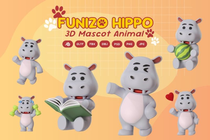 河马吉祥物动物卡通3D模型素材 (Blender,FBX,OBJ,GLTF,PSD,PNG) hippo-mascot-animal