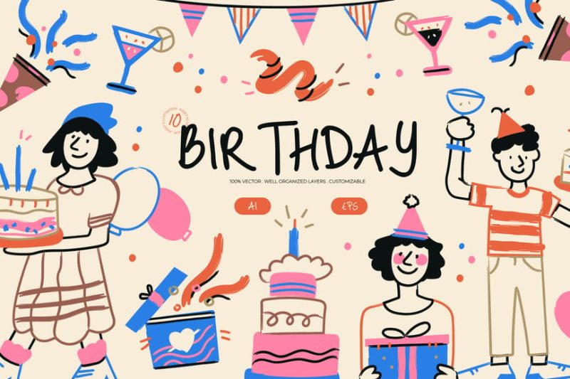 手绘生日庆祝矢量插画素材 (AI,EPS) cream-hand-drawn-birthday-illustration