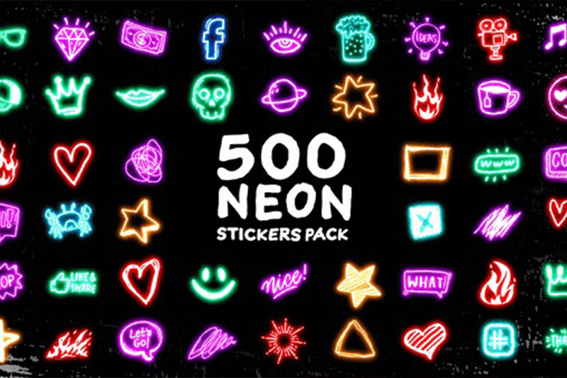AE/PR500组炫酷霓虹发光图形贴纸动画模板 Neon Stickers Pack