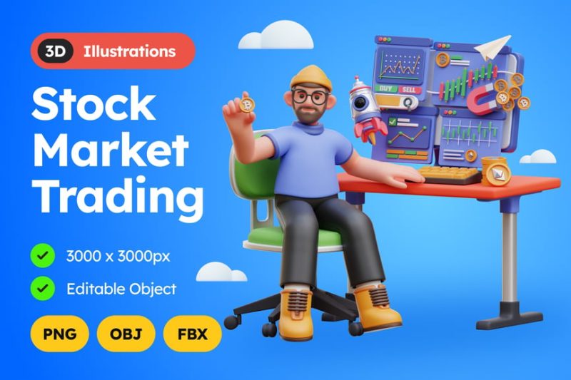 股票市场交易插图3D模型素材 (OBJ,FBX) stock-market-trading-3d-illustration