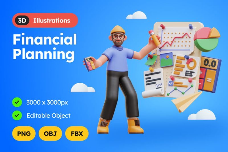 财务规划插图3D模型素材 (OBJ,FBX) financial-planning-3d-illustration