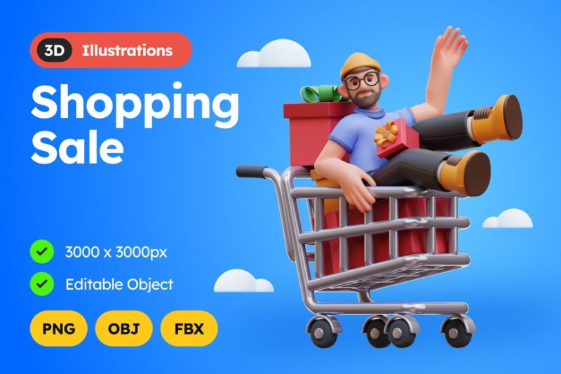购物销售3D插图模型素材 (C4D,Blender,OBJ,FBX) shopping-sale-3d-illustration