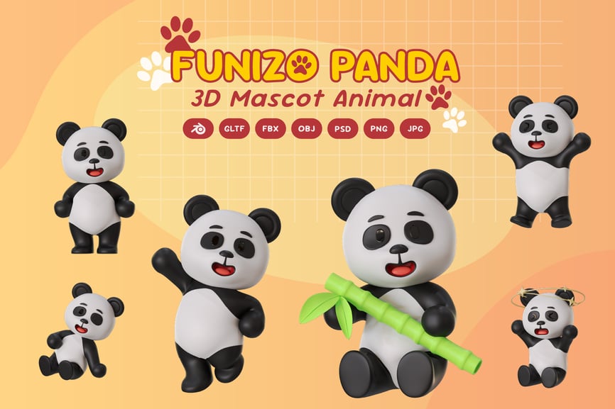 熊猫吉祥物动物3D卡通模型素材 (BLEND,GLTF,FBX,OBJ,PSD,PNG) panda-mascot-animal