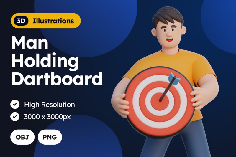 男子手持飞镖3D人物插画模型素材 (C4D,Blender,OBJ,PNG)