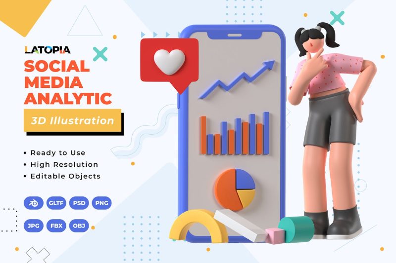 社交媒体分析插画3D模型素材 (C4D,Blender,FBX,OBJ,JPG,PNG,PSD)
