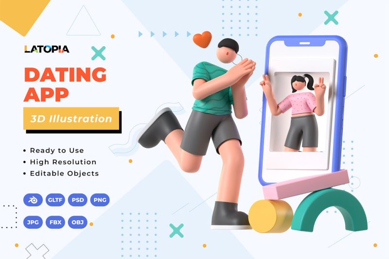 约会应用程序插画3D模型素材 (C4D,Blend,FBX,OBJ,PNG,PSD,JPG)