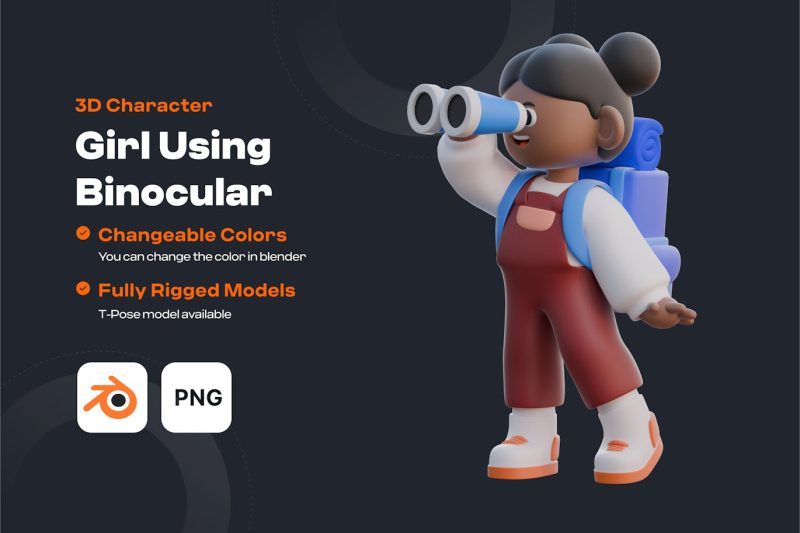 使用双目望远镜的卡通3D角色女孩插画模型素材 (C4D,Blend,FBX,PNG) girl-using-binocular-3d-character
