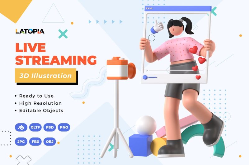 3D卡通直播插画模型素材 (Blend,FBX,OBJ,PNG,PSD,JPG) live-streaming-3d