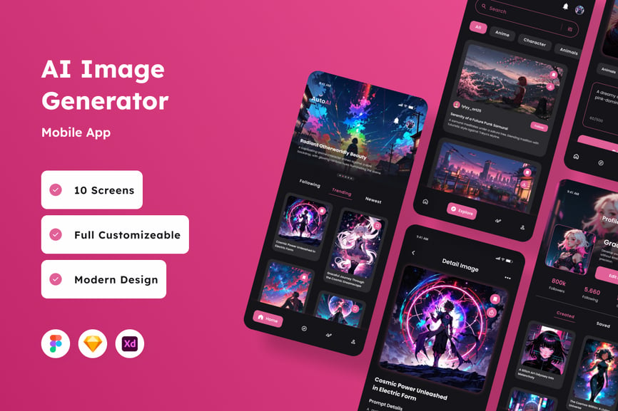 AI – 人工智能图像生成器移动应用APP UI KIT (FIG,SKETCH,XD) autoai-ai-image-generator-mobile-app