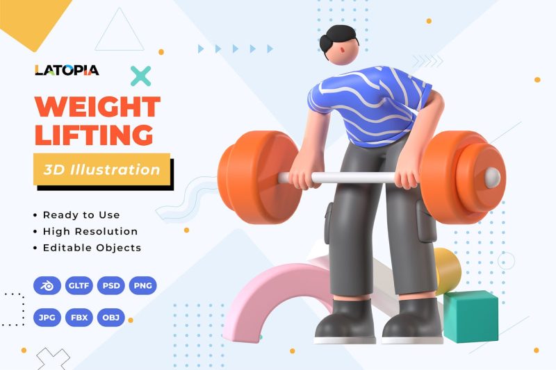 卡通人物举重插画3D模型素材 (Blend,FBX,OBJ,JPG,PNG,PSD) weightlifting-3d