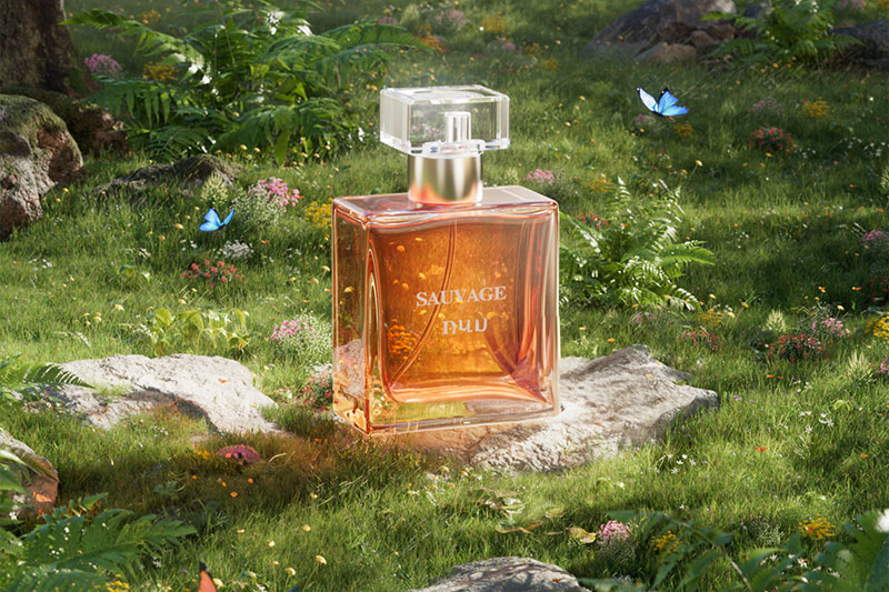 C4D美妆香水产品场景渲染工程草地蝴蝶蕨类模型C4D模型