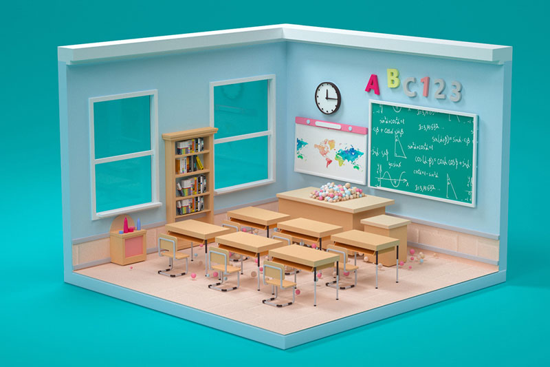 C4D卡通教室场景渲染工程小房子教室模型C4D模型