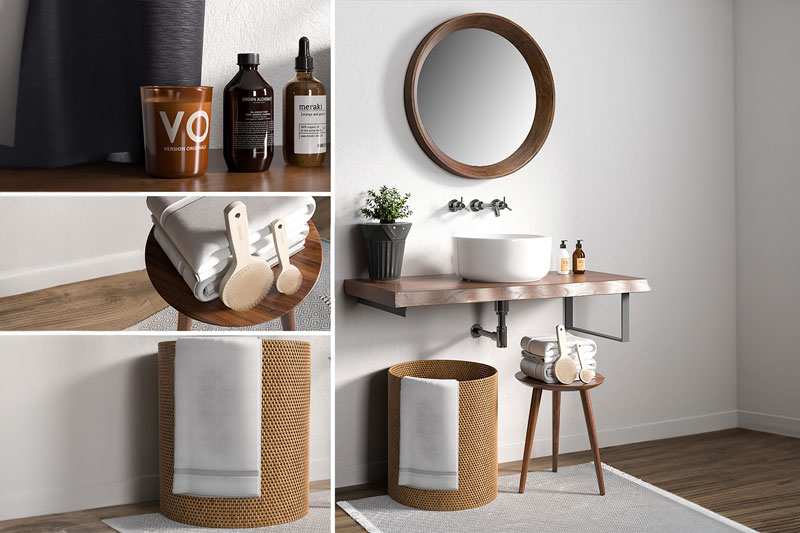 木质洗脸台模型洗浴用品毛巾刷子3D模型 (C4D,Blender,FBX)