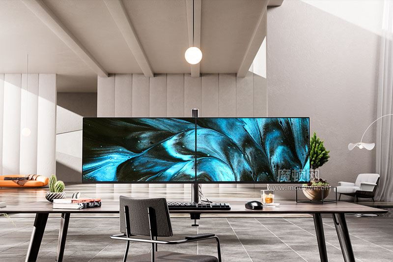 C4D双显示器双屏办公桌场景模型OC渲染工程