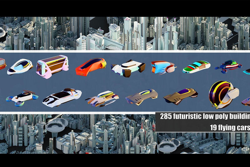 320个未来科幻风格低多边形建筑与飞行汽车3D模型合集(Blender,FBX,OBJ) Futuristic Lowpoly Cities Plus Flying Cars